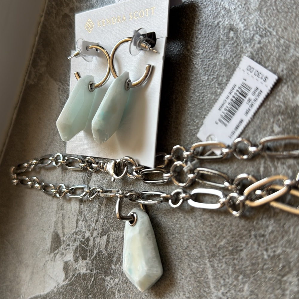 Kendra Scott Ashlyn Long Pendant Necklace Earrings Set Silver Teal Quartzite - Picture 8 of 10